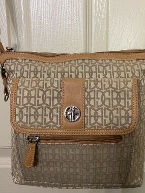 Tan Monogram Crossbody Bag with Front Pocket. Giani Bernini.